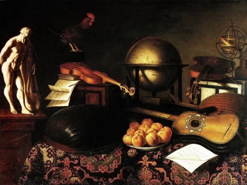 1639-Bartolomeo Bettera - Natura morta con strumenti musicali, pesche e statuetta